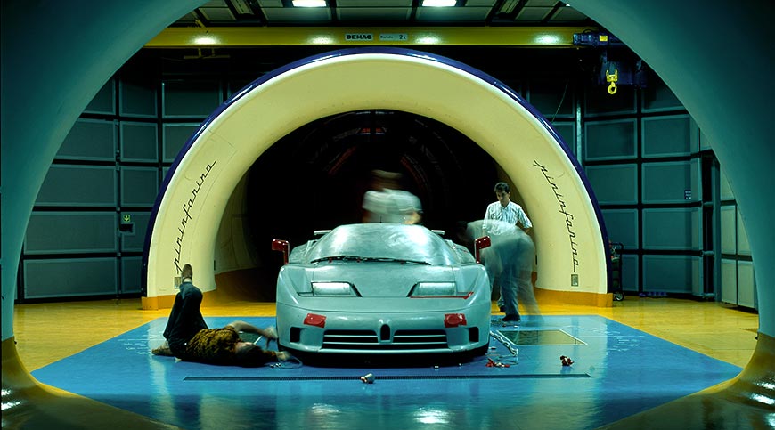 Controlling the aerodynamic of Bugatti EB110 Prototype at Wind Tunnel at Pininfarina Factory.