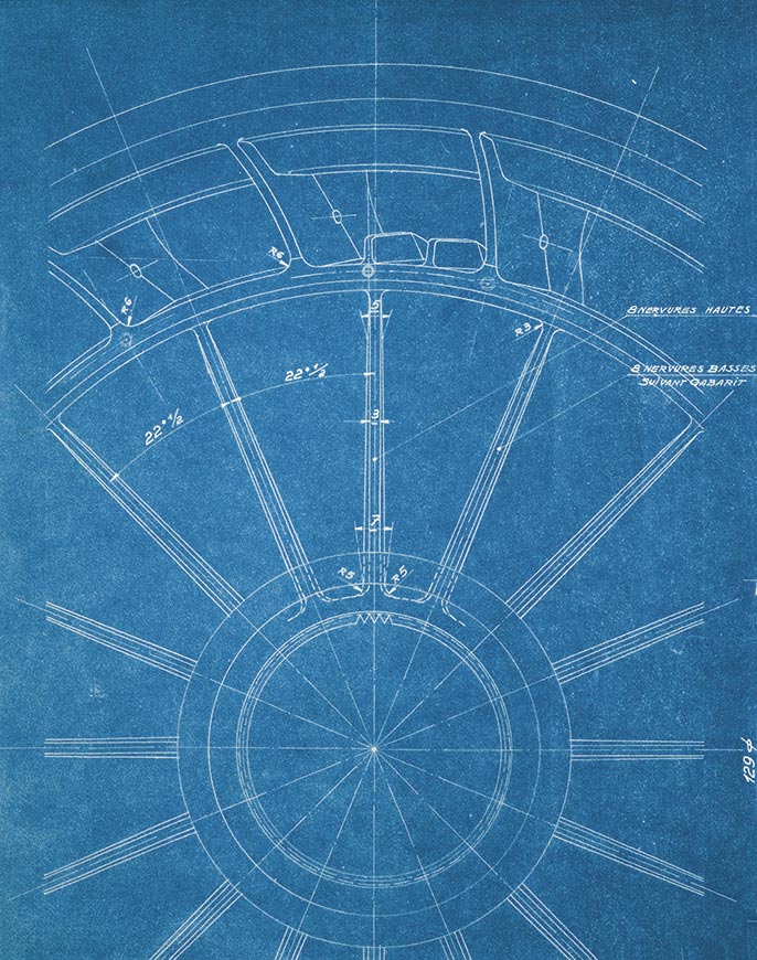 Roue Bugatti brevetée en aluminium coulé – 27 july 1932 (Patented Bugatti wheel in cast aluminium – 27 July 1932). Period heliographic copy of one of the most famous technical drawings by Bugatti, and more precisely the detail of an alloy wheel used for the Royale.