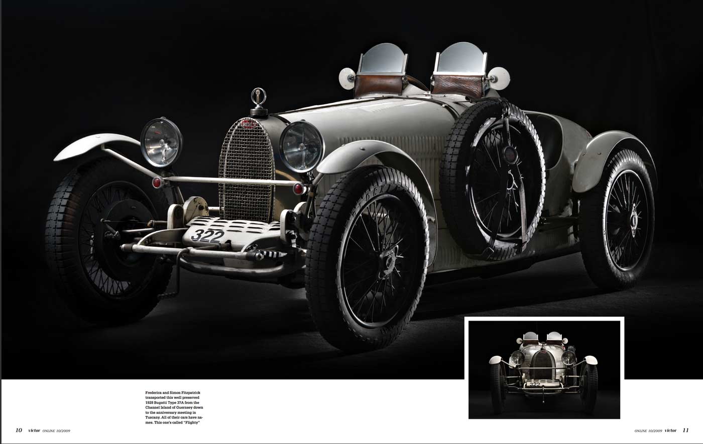 Double Page of Victor Magazine showcasing "Flighty" a Bugatti Type 37A owned by Frederica and Simon Fitzpatrick